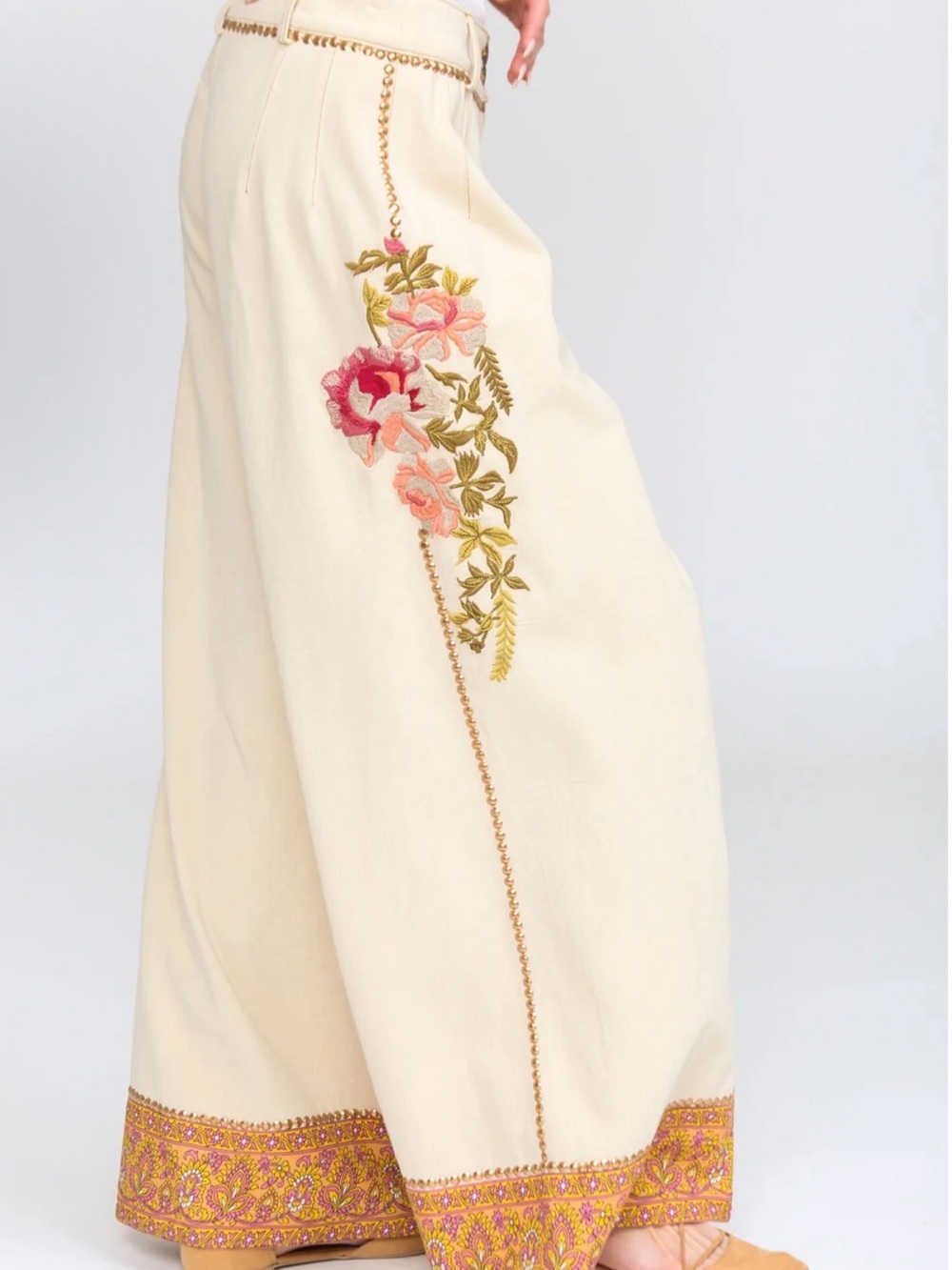 Time To Shine Embroidered Cream Wide-Leg Pants with Floral Trim by Aratta, NWT - Picture 7 of 7